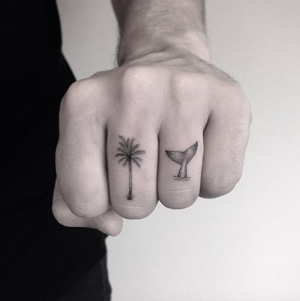 Palm tree and whale tail finger tattoos by Marabou