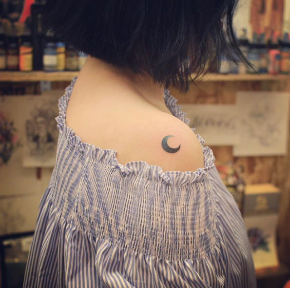 Gradient crescent moon tattoo on shoulder by Grain