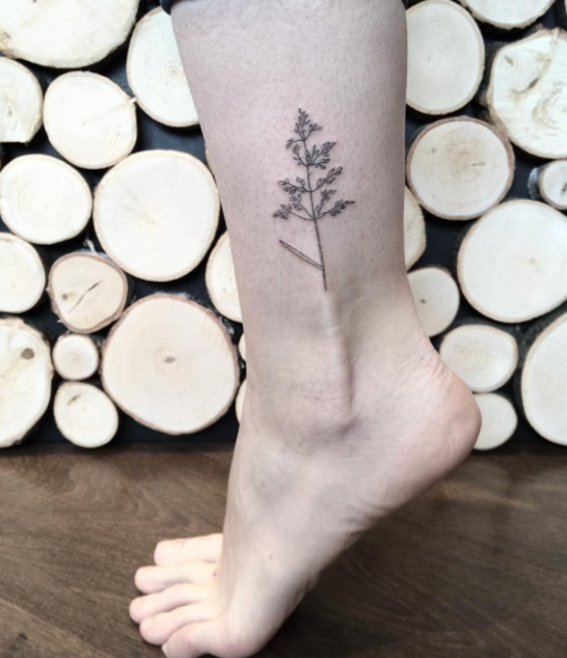 Hand poked tree tattoo on ankle by Mary Tereshchenko
