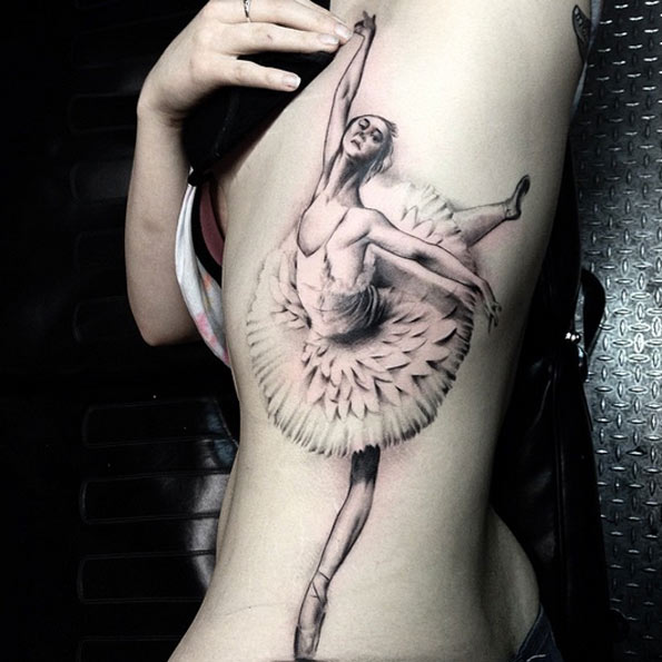 Sprawling ballerina tattoo on side by Luke Blegen