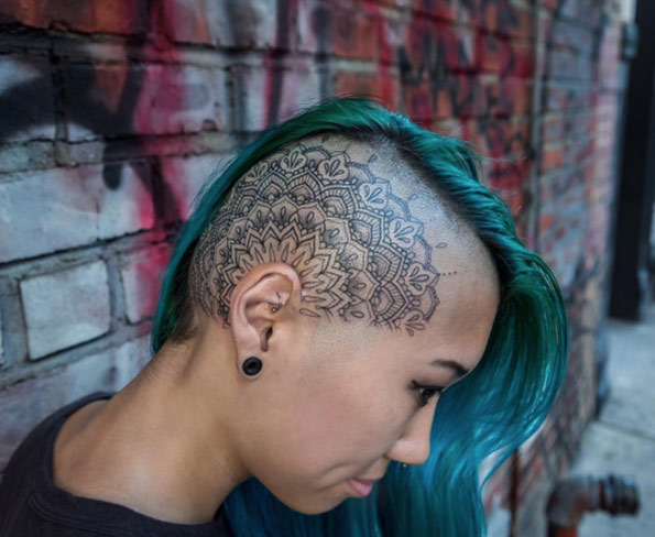 Mandala tattoo on skull by Kristi Walls