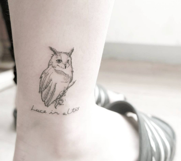 Linework owl tattoo on ankle by Chaewa