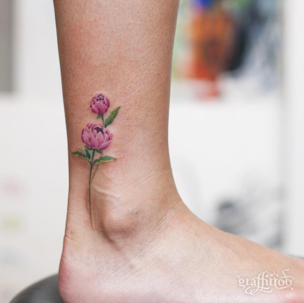 Beautiful peony tattoo on ankle by Tattooist River