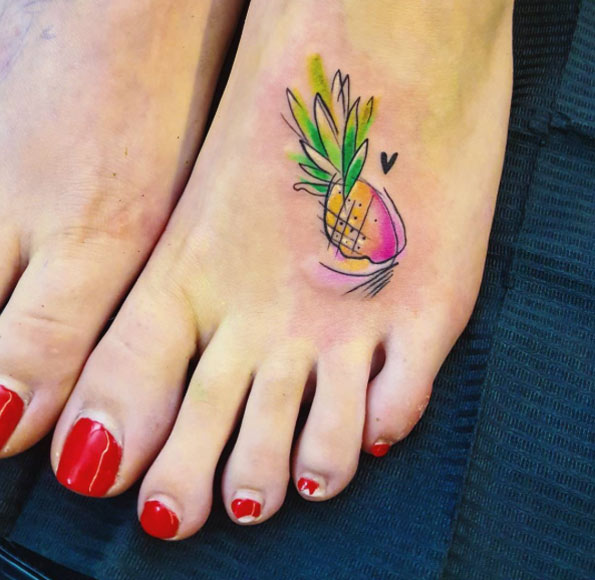 Watercolor pineapple tattoo on foot by Simona Blanar
