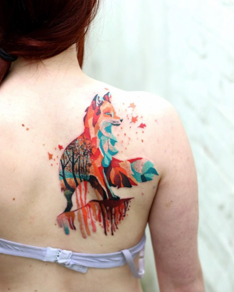 Fox tattoo on back shoulder by Martians Snioka