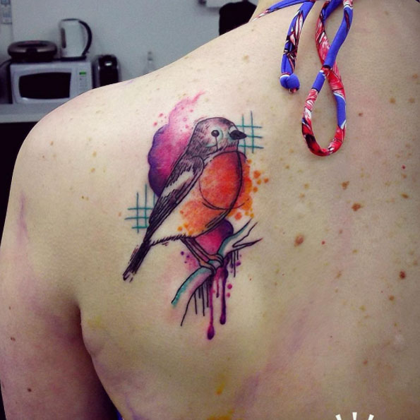 Watercolor songbird tattoo by Cynthia Sobraty