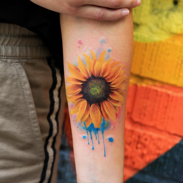 Breathtaking watercolor sunflower tattoo by Joice Wang