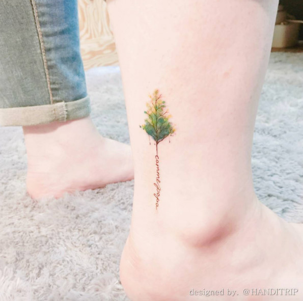 Watercolor tree tattoo on ankle by Hand Trip