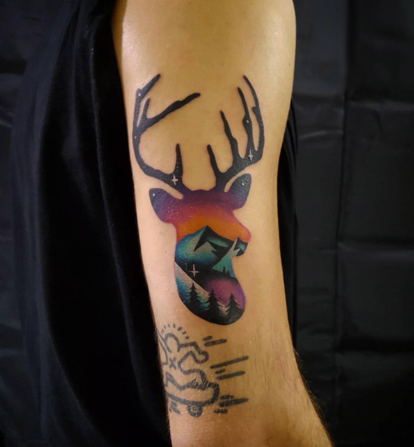 Landscape stag tattoo by Marco Spok