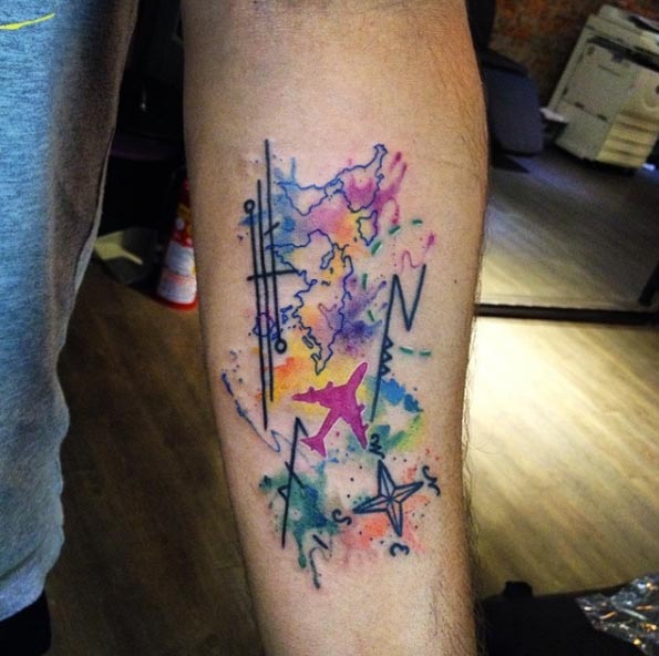 Abstract watercolor travel tattoo by Demi