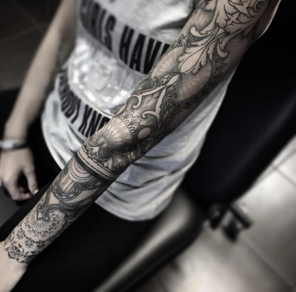 Baroque black and grey ink sleeve by Sara Reichardt