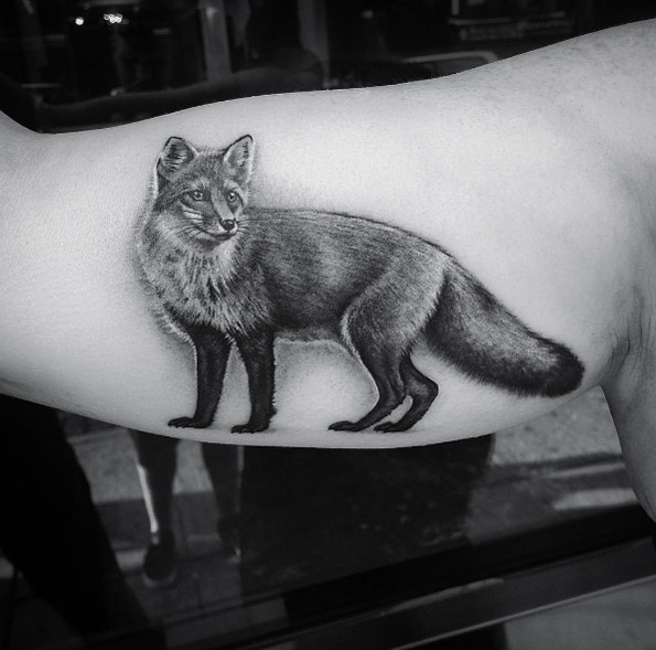 Black and grey ink fox tattoo by Elizabeth Markov