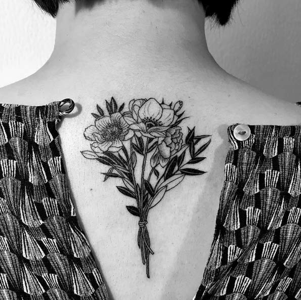 Blackwork floral bouquet on back by Oozy