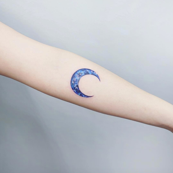 Blue crescent moon tattoo by IDA