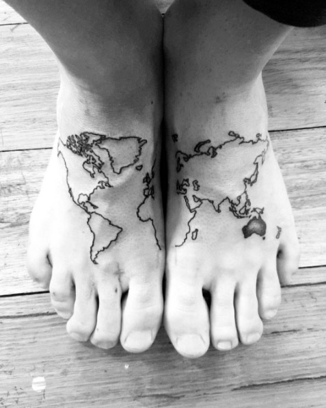 Connecting world map tattoo on feet via Lucas
