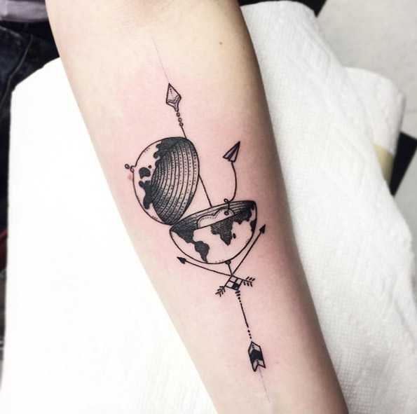 Crazy cool travel tattoo by Nathaly Bonilla