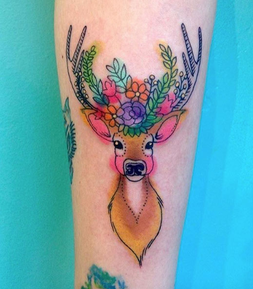 Adorable red-cheeked stag tattoo by Briana Sargent