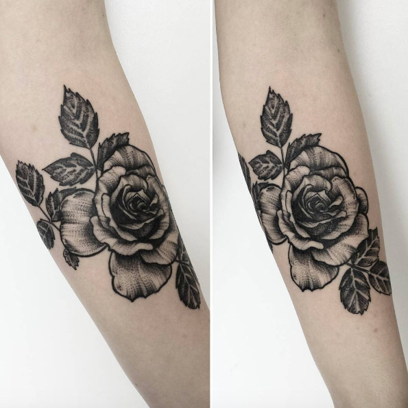 Bold dotwork rose on forearm by Magdalena Hipner