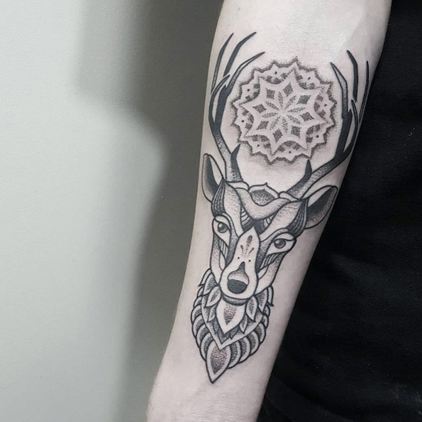 Dotwork stag tattoo by Ben Doukakis