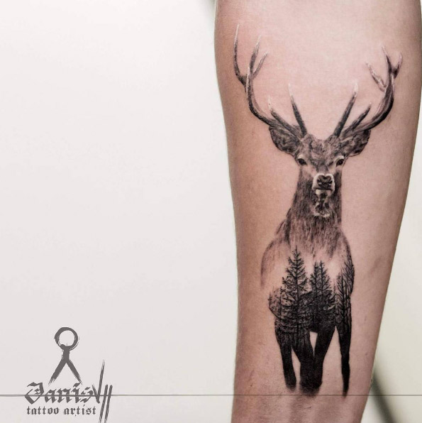 Double exposure stag tattoo by Janis