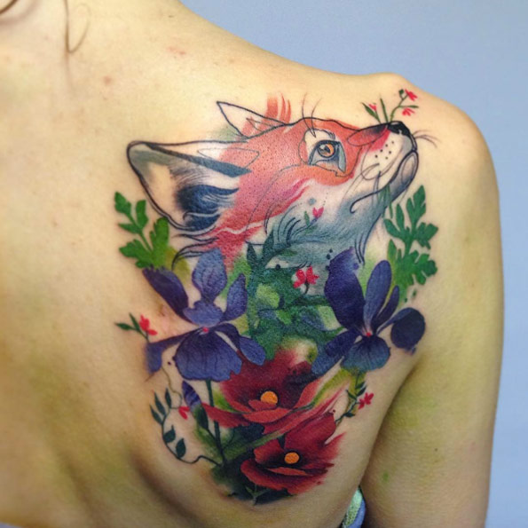 Floral fox tattoo design by Aga Yadou