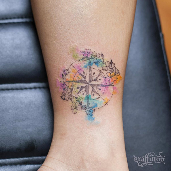 Floral watercolor compass by Tattooist River