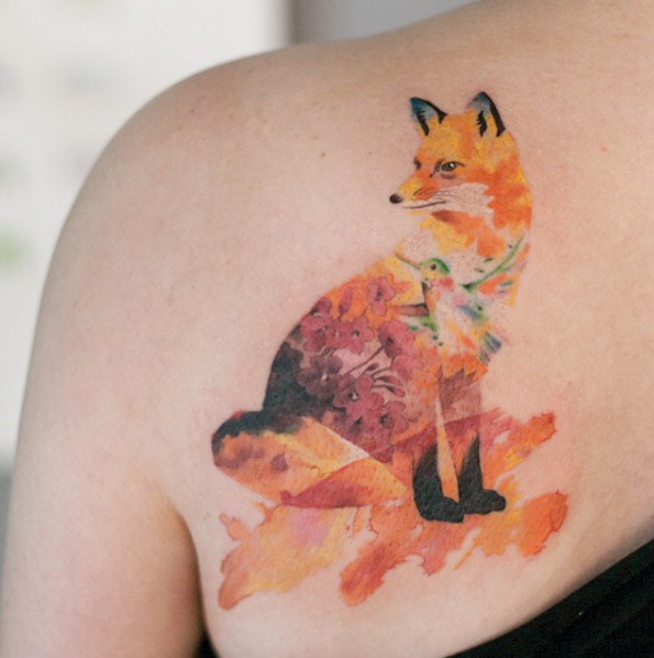 Fox & Hummingbird tattoo by Tattooist River