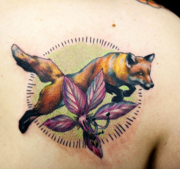 Fox and flower tattoo by Nick Hart