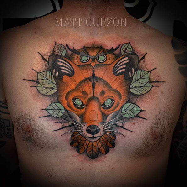 Fox tattoo on chest by Matt Curzon