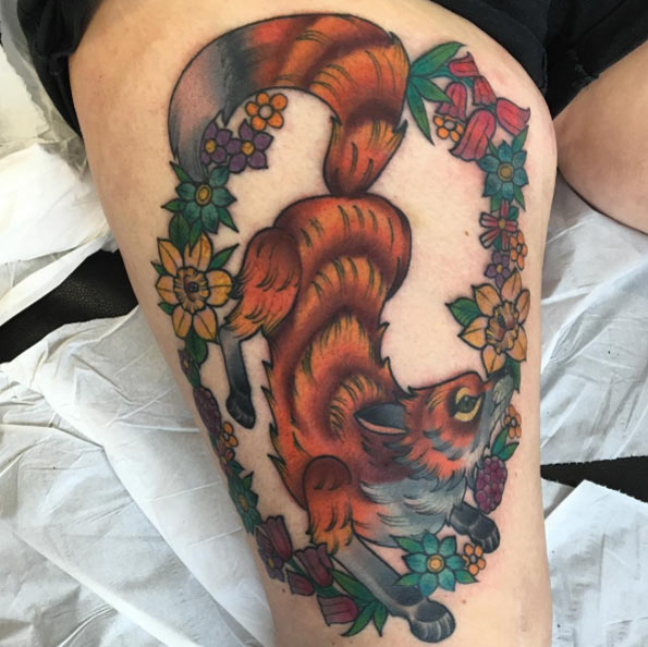 Floral fox tattoo on thigh by Alex Rowntree