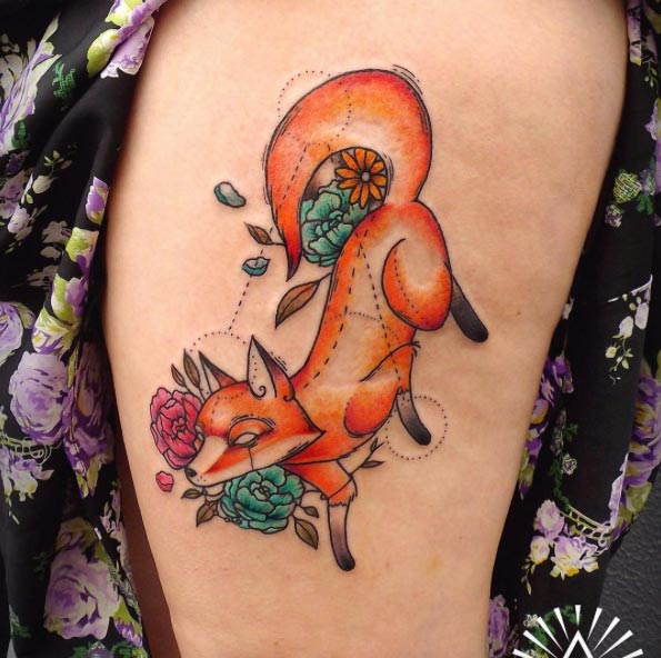 Colorful fox tattoo on thigh by Cynthia Sobraty