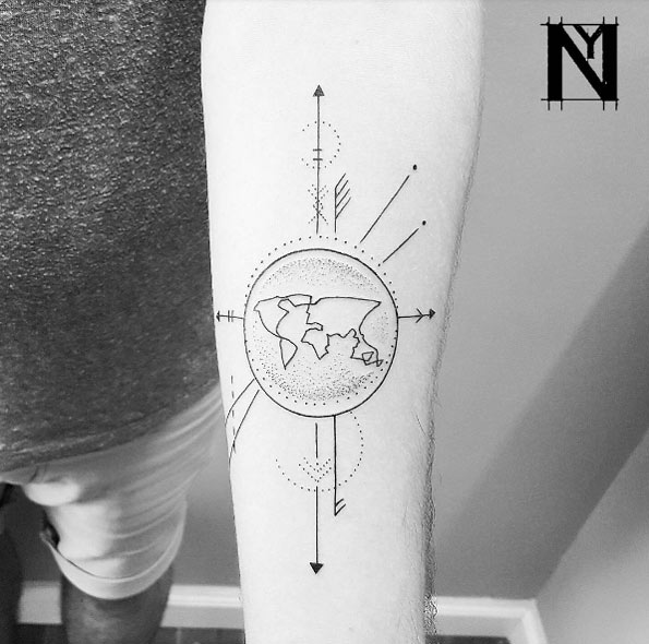 Fun little geometric and dotwork travel tattoo by Noam Yona