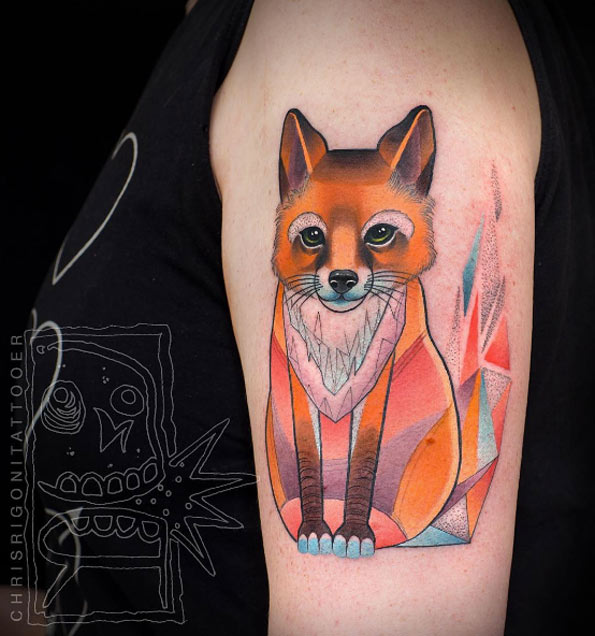 Colorful geometric fox tattoo by Chris Rigoni