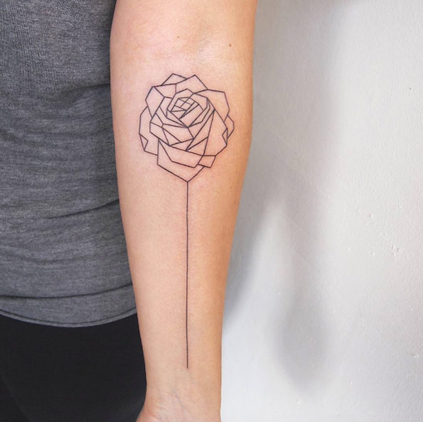 Geometric rose tattoo on forearm by Jessica Channer