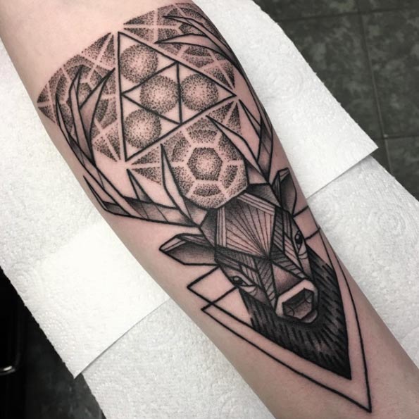 Geometric stag tattoo by Josh Foulds