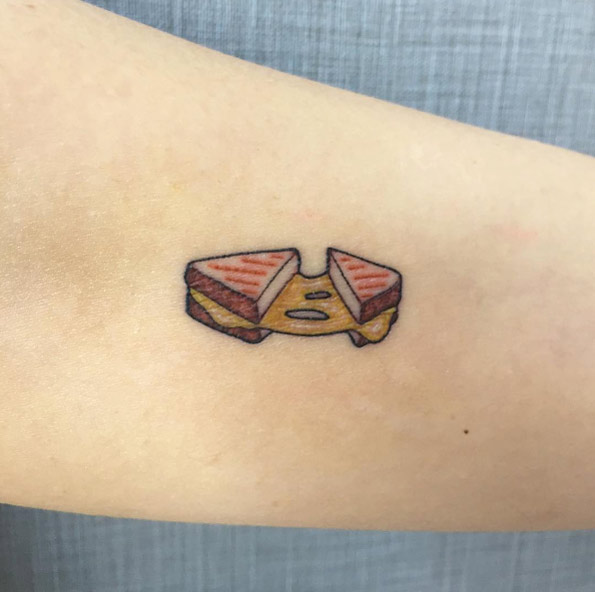 Tiny grilled cheese sandwich tattoo by Victoria Woon