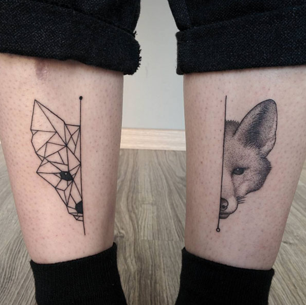 Half and half fox tattoos by Michele Volpi