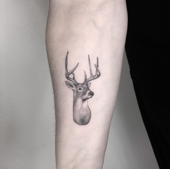 Hyper-realistic stag tattoo by Marabou