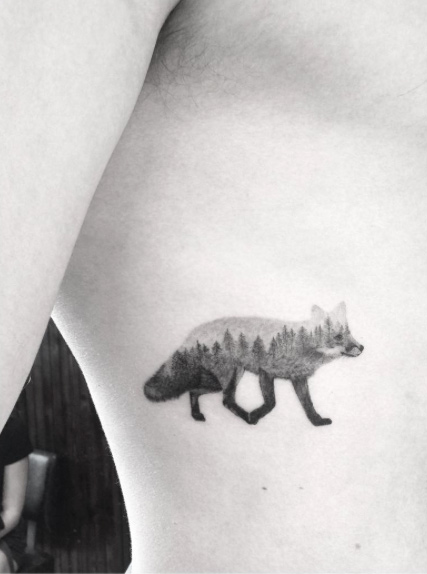 Landscape fox tattoo on rib cage by Dr Woo