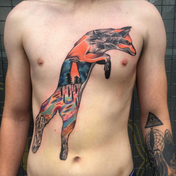 Surreal landscape fox tattoo by Andy Marsh
