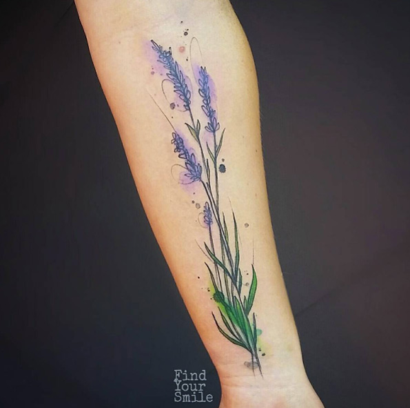 Watercolor lavender tattoo on forearm by Russell Van Schaick