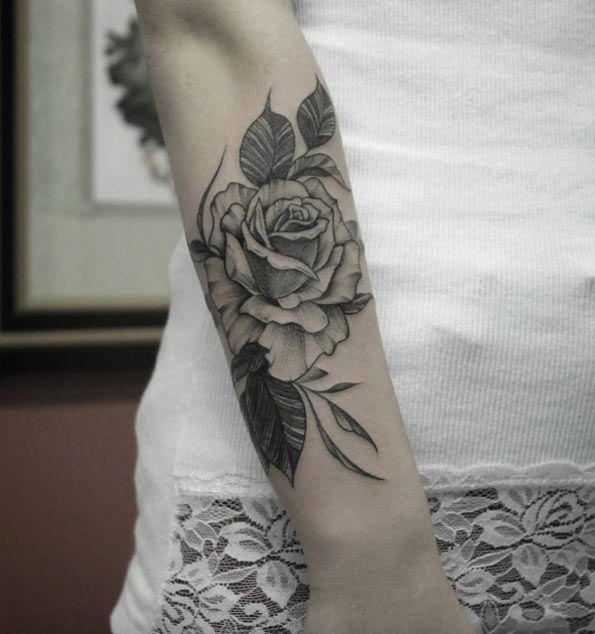 Linework rose on forearm by Marquinho André