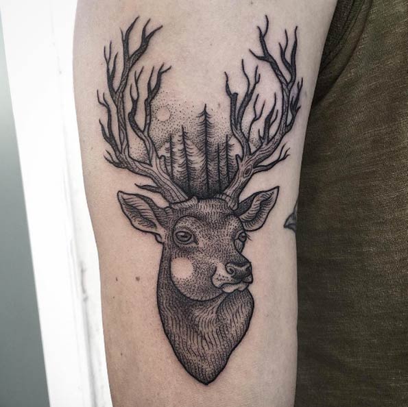 Line and dotwork stag tattoo by Surflanda