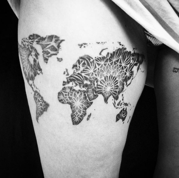 Mandala world map tattoo by Mathieu Kes