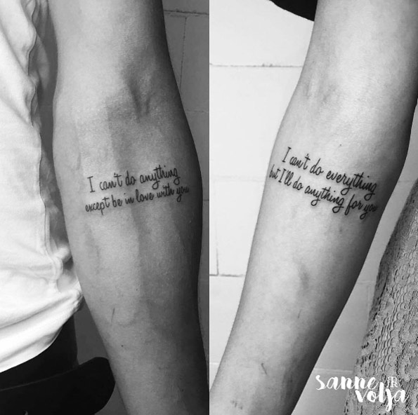 Matching Shakespeare couple tattoos by Sanne Volja