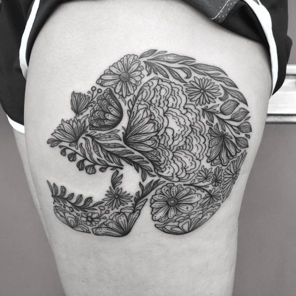 Botanical skull tattoo by Dino Nemec