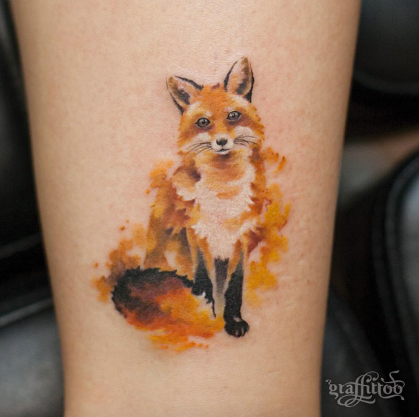 Painted fox tattoo by Tattooist River