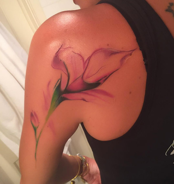 Pink calla lily tattoo by Frankie Oneshot