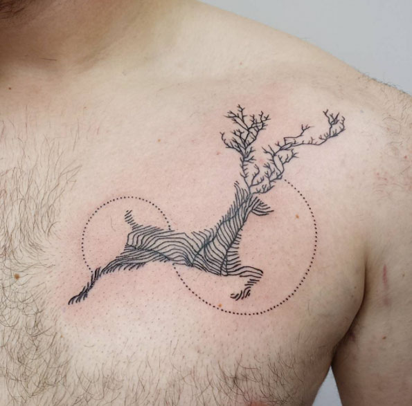 Rooted linework stag tattoo by Aline Wata