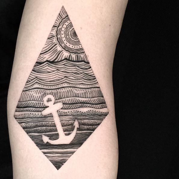Dot and line work seascape tattoo by Dino Nemec